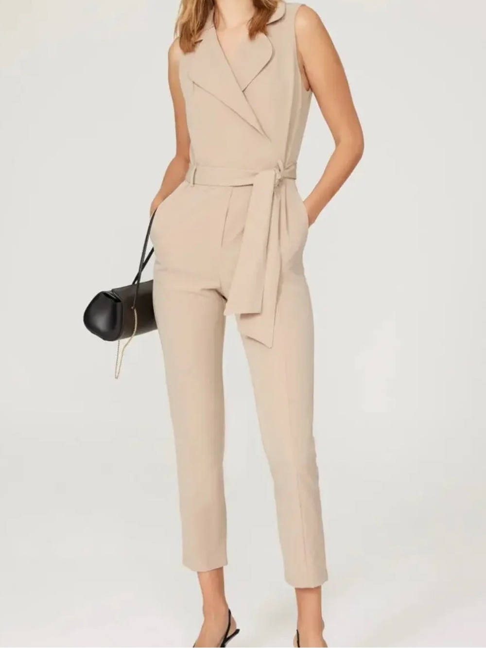 Black Halo Beige Wrap Lapel Sleeveless Belted Jumpsuit Size 10